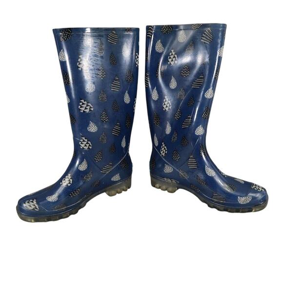 Toms Shoes Womens 7 Rain Boots Rubber Print Pull On Cabrilla Round Toe Blue Tall - Picture 12 of 15